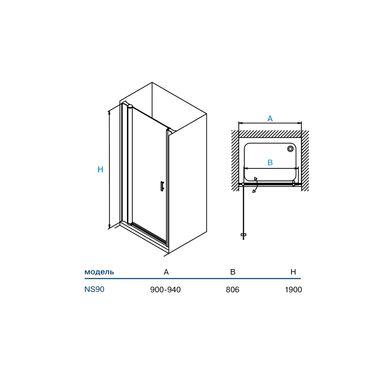 Душевая дверь Koller Pool NEON NS90C односекц. распашная 900x1900 мм стекло прозрачное